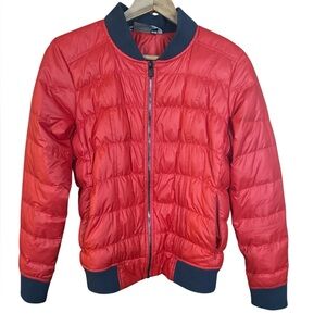 Athleta Dobby Goose Down Bomber Jacket Women’s Small Red Gray Puffer Crop READ